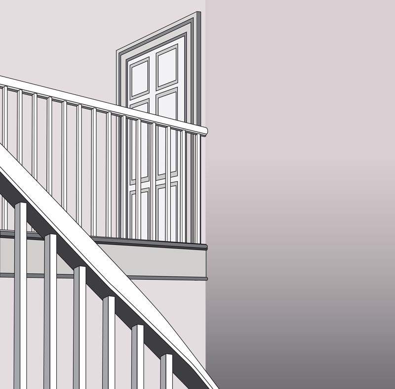 Stairs, landing and door in silver grey