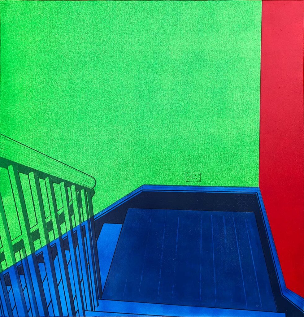 stairs landing red blue green