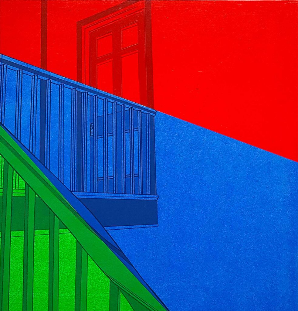 stairs bannister red blue green